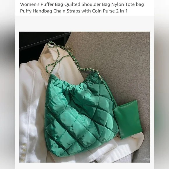 Handbag, green puffer nylon bag with coin purse.  New - Picture 2 of 8